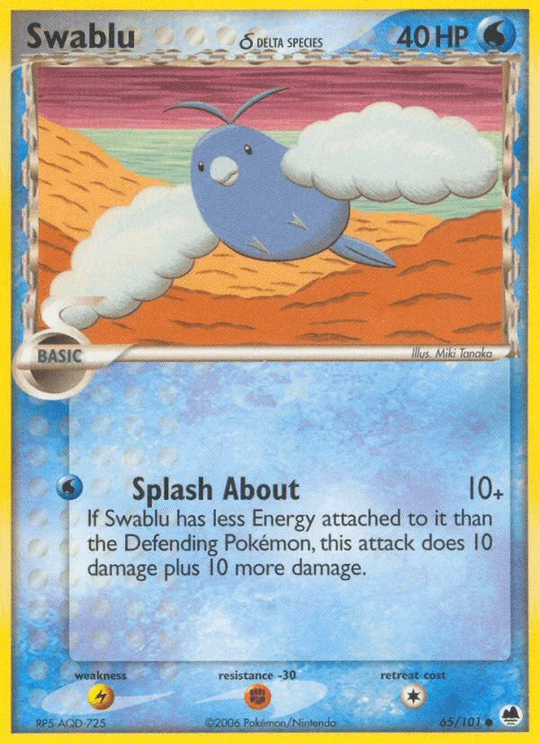 65, Common, EX: Dragon Frontiers, Fighting[-30], Lightning[×2], Normal, Water Swablu (65/101) (Delta Species) [EX: Dragon Frontiers] - Trading Card World