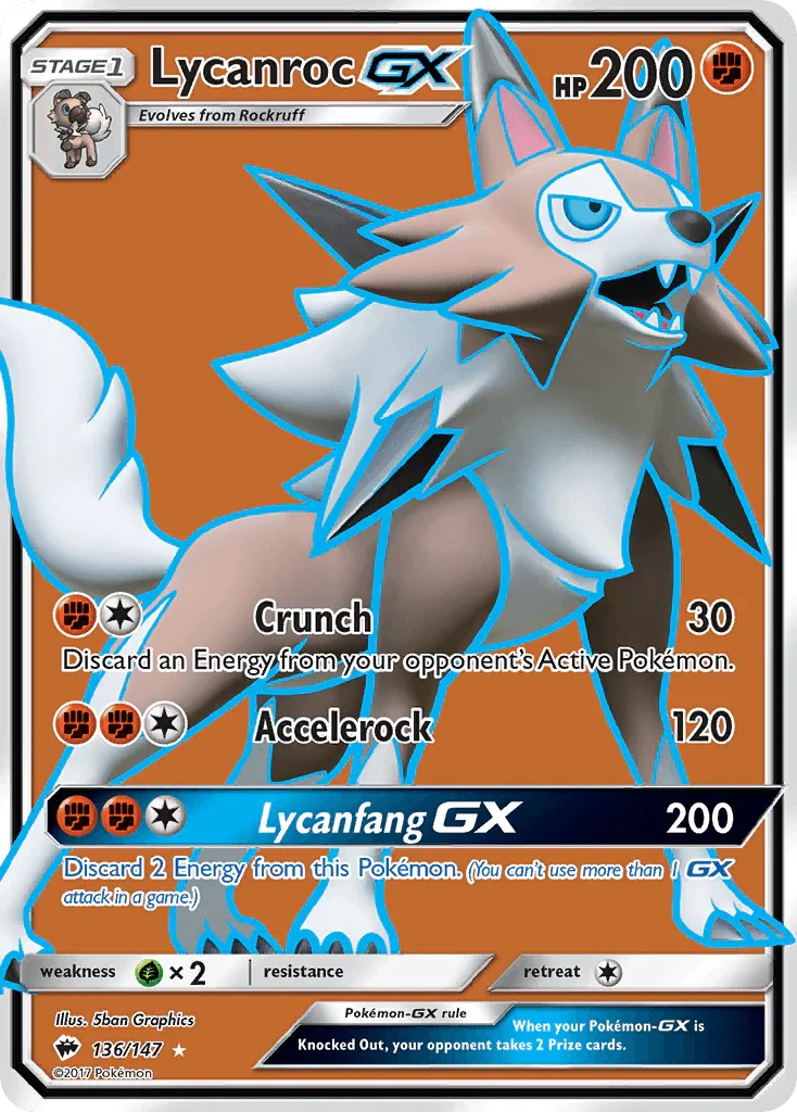 136, Fighting, Grass[×2], Holofoil, Sun & Moon: Burning Shadows, Ultra Rare Lycanroc GX (136/147) [Sun & Moon: Burning Shadows] - Trading Card World
