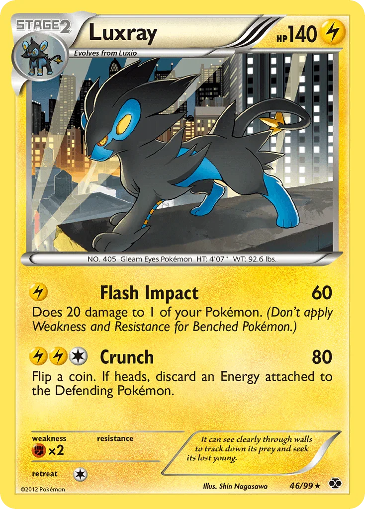 46, Black & White: Next Destinies, Fighting[×2], Holo Rare, Holofoil, Lightning, Reverse Holofoil Luxray (46/99) [Black & White: Next Destinies] - Trading Card World