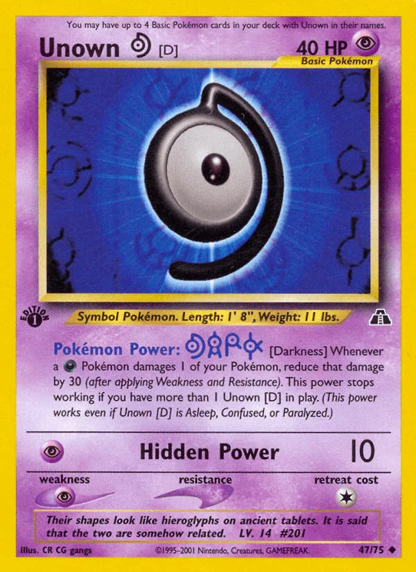 1st Edition Normal, 47, Neo Discovery 1st Edition, Psychic, Psychic[×2], Uncommon Unown [D] (47/75) [Neo Discovery 1st Edition] - Trading Card World