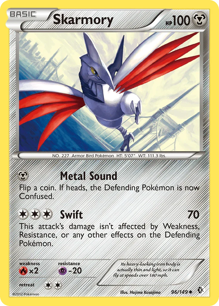 96, Black & White: Boundaries Crossed, Fire[×2], Metal, Normal, Psychic[-20], Reverse Holofoil, Uncommon Skarmory (96/149) [Black & White: Boundaries Crossed] - Trading Card World