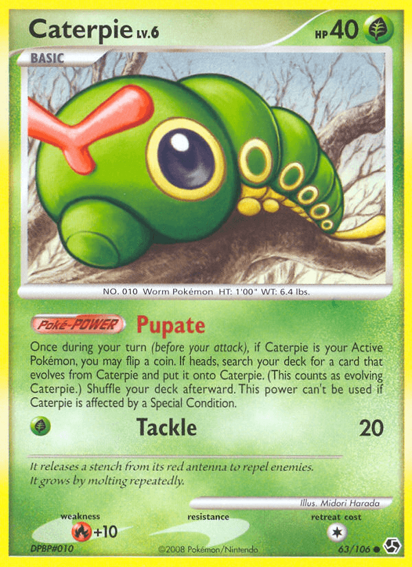 63, Common, Diamond & Pearl: Great Encounters, Fire[+10], Grass, Normal, Reverse Holofoil Caterpie (63/106) [Diamond & Pearl: Great Encounters] - Trading Card World