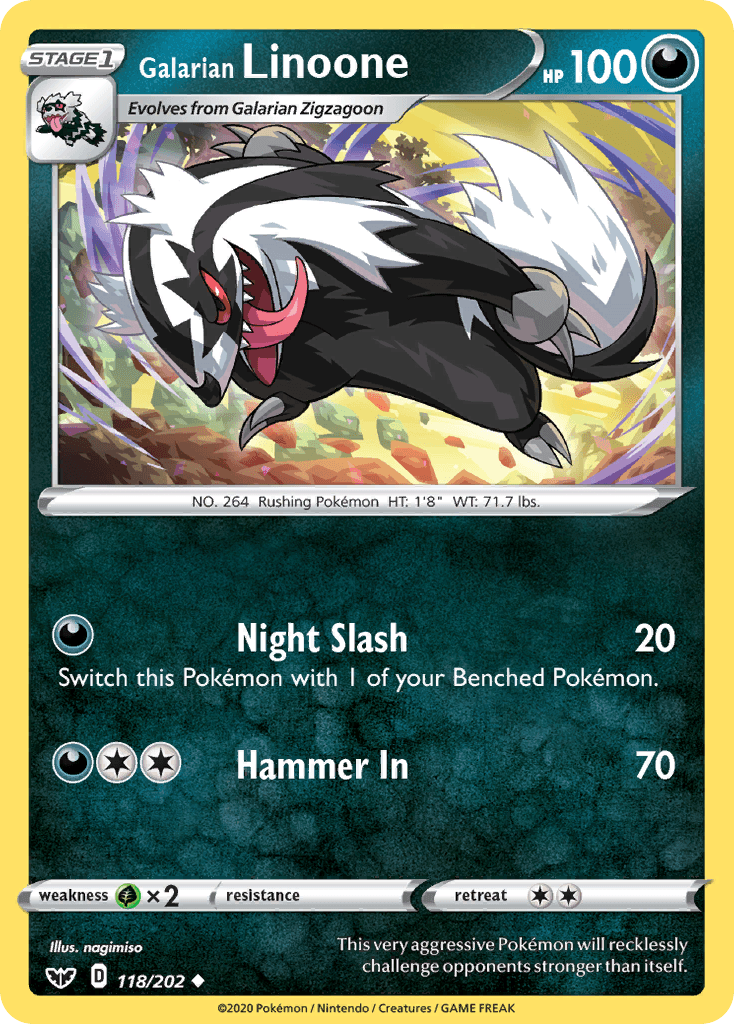 118, Darkness, Grass[×2], Normal, Reverse Holofoil, Sword & Shield: Base Set, Uncommon Galarian Linoone (118/202) [Sword & Shield: Base Set] - Trading Card World