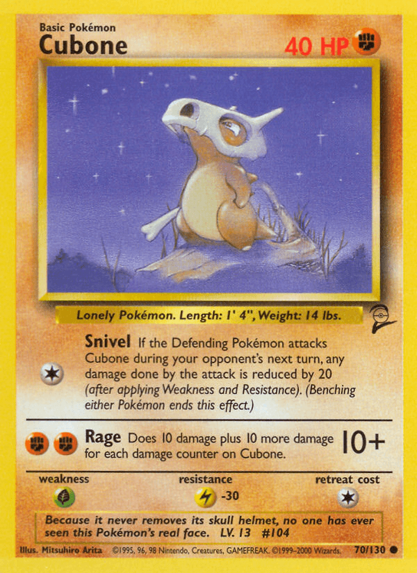 70, Base Set 2, Common, Fighting, Grass[×2], Lightning[-30], Normal Cubone (70/130) [Base Set 2] - Trading Card World