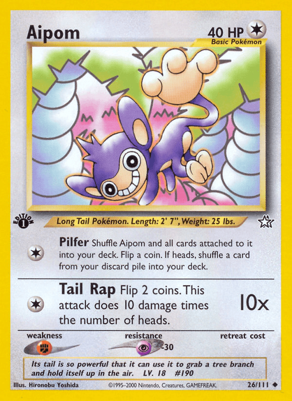 1st Edition Normal, 26, Colorless, Fighting[×2], Neo Genesis 1st Edition, Psychic[-30], Uncommon Aipom (26/111) [Neo Genesis 1st Edition] - Trading Card World