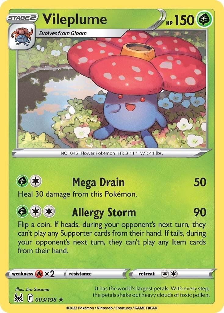 003, Fire [x2], Grass, Holo Rare, Holofoil, Reverse Holofoil, Sword & Shield: Lost Origin Vileplume (003/196) [Sword & Shield: Lost Origin] - Trading Card World
