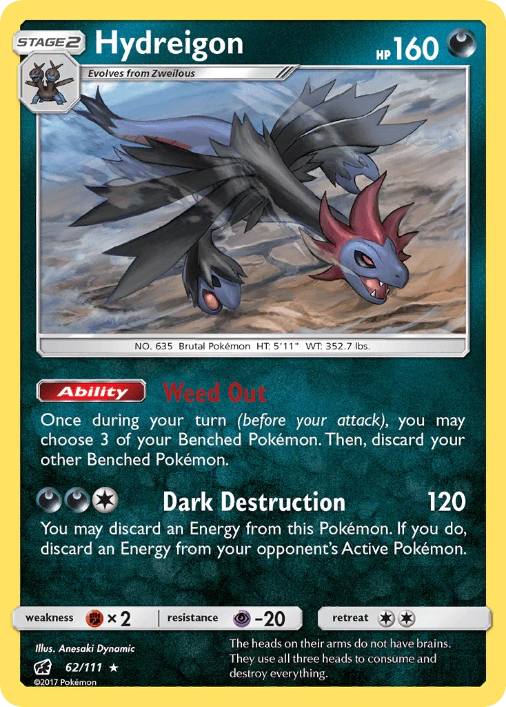 62, Darkness, Fighting[×2], Normal, Psychic[-20], Rare, Reverse Holofoil, Sun & Moon: Crimson Invasion Hydreigon (62/111) [Sun & Moon: Crimson Invasion] - Trading Card World