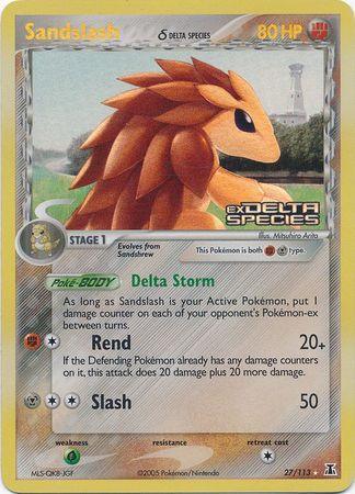 27, EX: Delta Species, Fighting, Grass[×2], Metal, Rare, Reverse Holofoil Sandslash (27/113) (Delta Species) (Stamped) [EX: Delta Species] - Trading Card World
