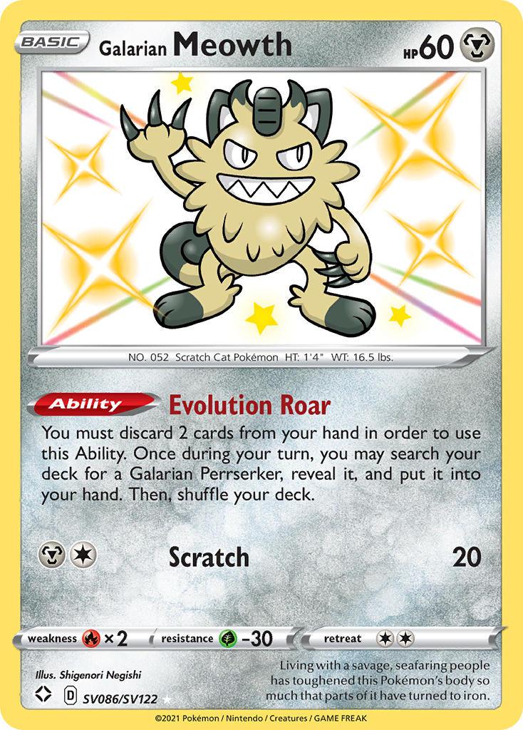 Fire[×2], Grass[-30], Holofoil, Metal, SV086, Sword & Shield: Shining Fates, Ultra Rare Galarian Meowth (SV086/SV122) [Sword & Shield: Shining Fates] - Trading Card World