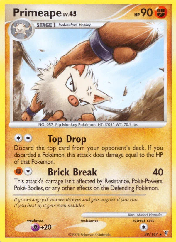 39, Fighting, Normal, Platinum: Supreme Victors, Psychic[+20], Rare, Reverse Holofoil Primeape (39/147) [Platinum: Supreme Victors] - Trading Card World
