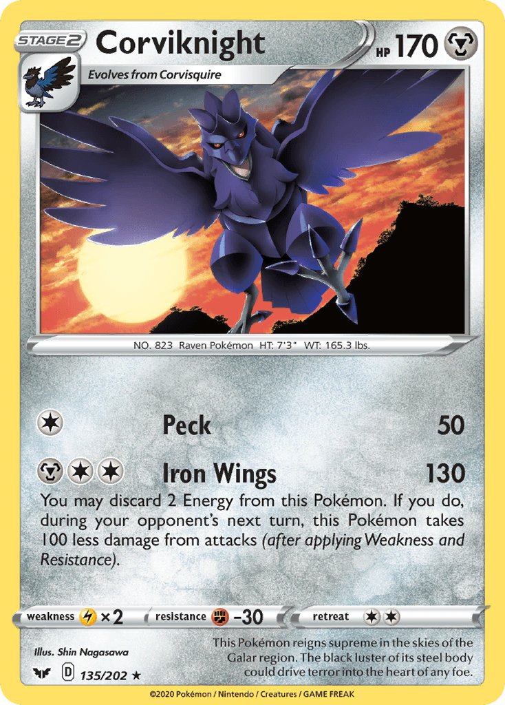 135, Fighting[-30], Lightning[×2], Metal, Normal, Rare, Reverse Holofoil, Sword & Shield: Base Set Corviknight (135/202) [Sword & Shield: Base Set] - Trading Card World