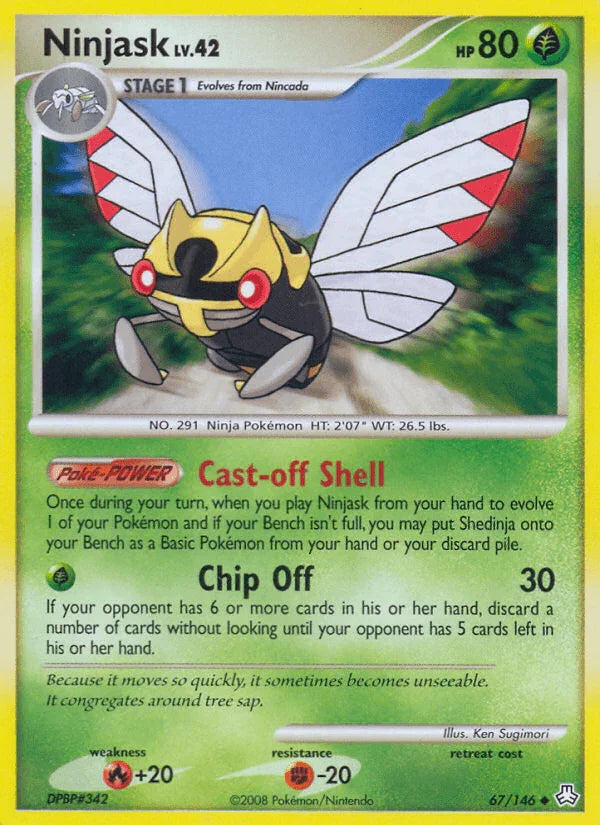 67, Diamond & Pearl: Legends Awakened, Fighting[-20], Fire[+20], Grass, Normal, Reverse Holofoil, Uncommon Ninjask (67/146) [Diamond & Pearl: Legends Awakened] - Trading Card World