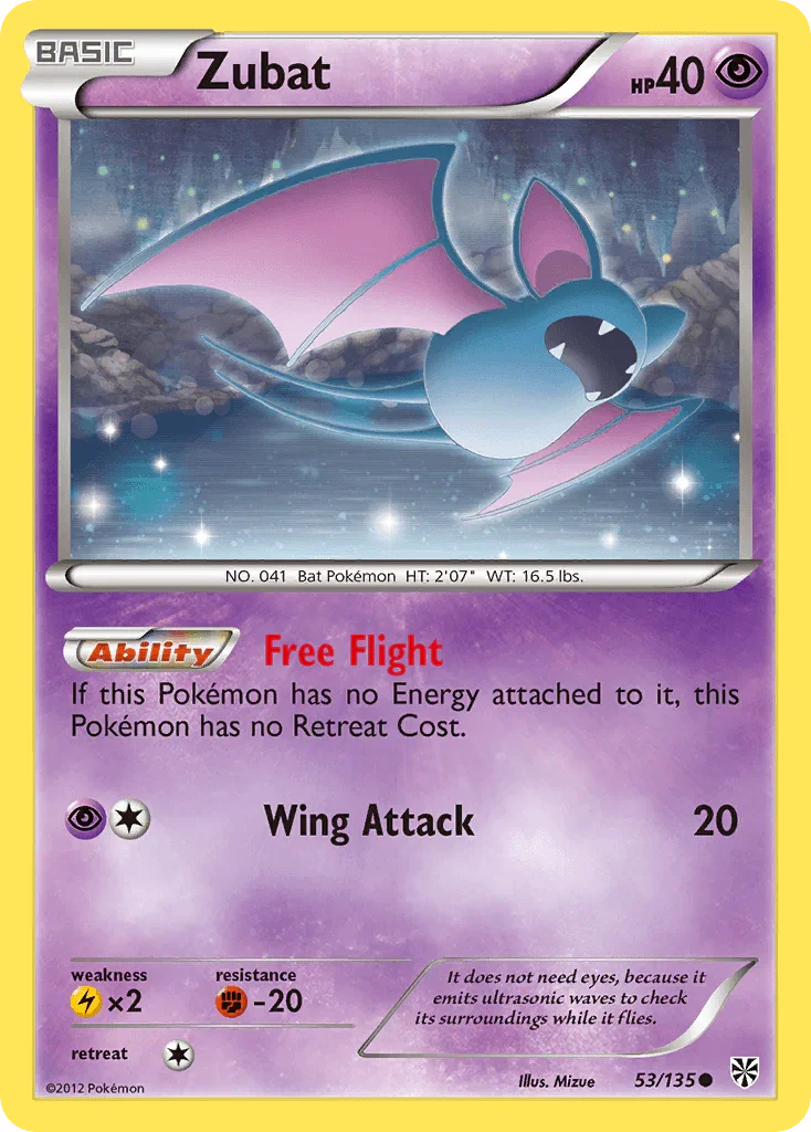 53, Black & White: Plasma Storm, Common, Fighting[-20], Lightning[×2], Normal, Psychic, Reverse Holofoil Zubat (53/135) [Black & White: Plasma Storm] - Trading Card World