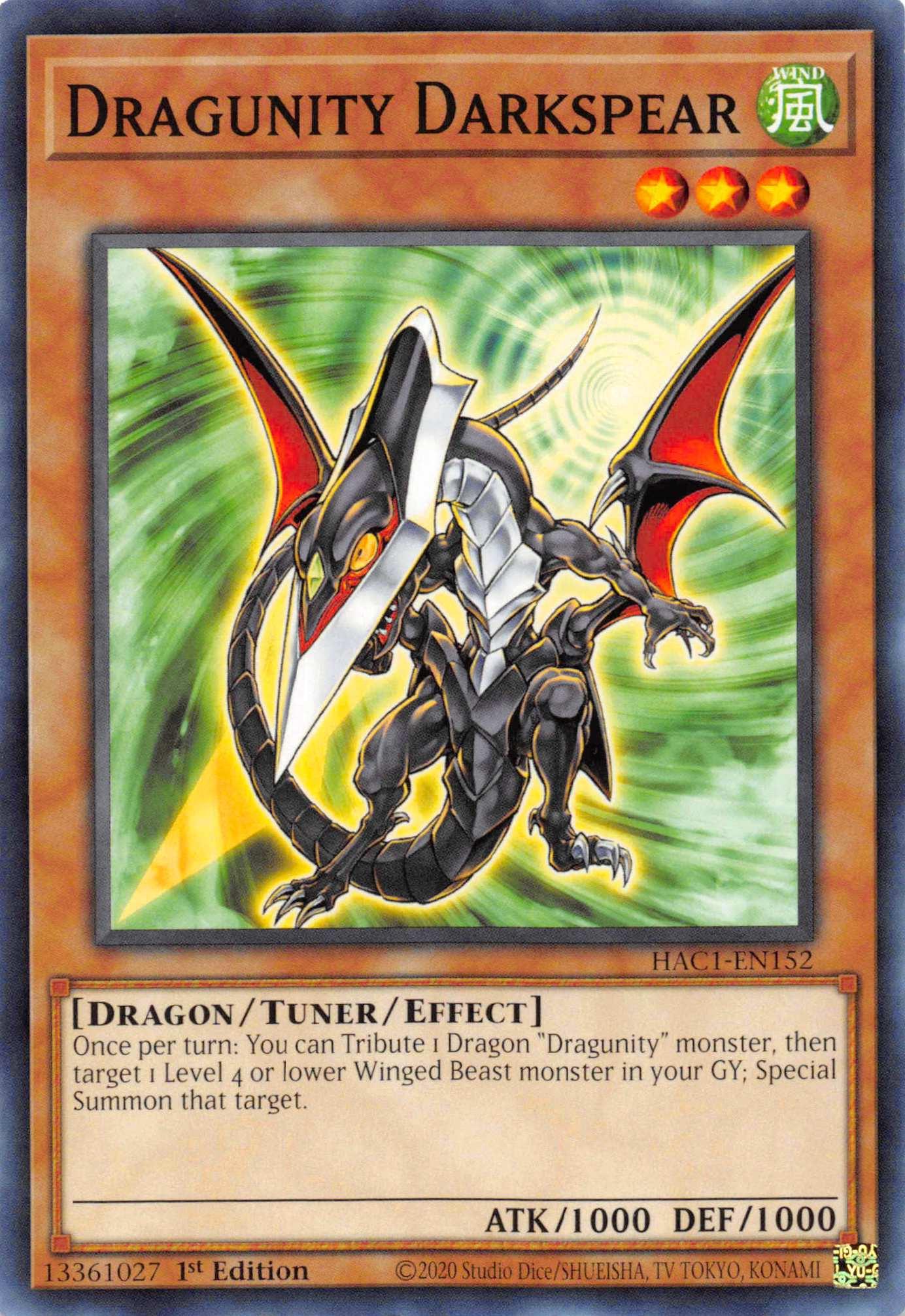 1st Edition, Common, Dragon, Hidden Arsenal: Chapter 1, Tuner/Effect Monster, Wind Dragunity Darkspear [HAC1-EN152] Common - Trading Card World