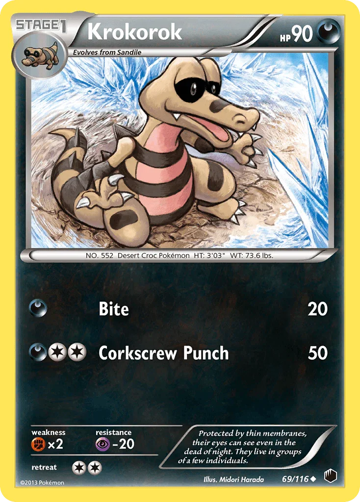 69, Black & White: Plasma Freeze, Darkness, Fighting[×2], Normal, Psychic[-20], Reverse Holofoil, Uncommon Krokorok (69/116) [Black & White: Plasma Freeze] - Trading Card World