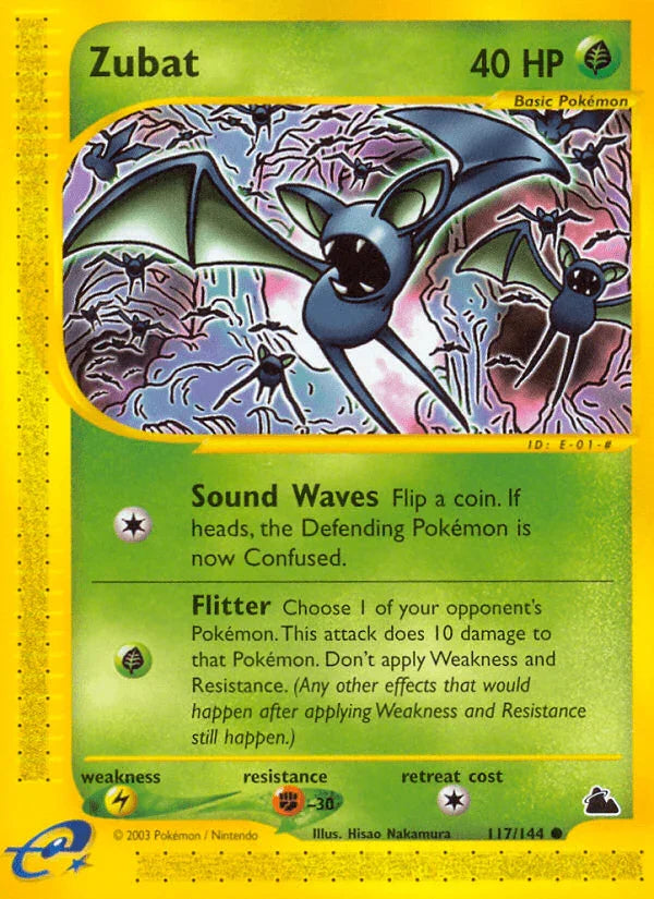 117, Common, Fighting[-30], Grass, Lightning[×2], Normal, Reverse Holofoil, Skyridge Zubat (117/144) [Skyridge] - Trading Card World