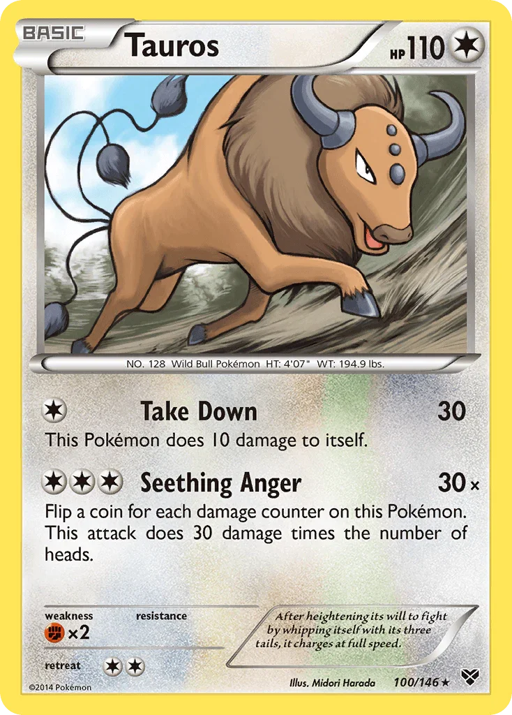 100, Colorless, Fighting[×2], Normal, Rare, Reverse Holofoil, XY: Base Set Tauros (100/146) [XY: Base Set] - Trading Card World
