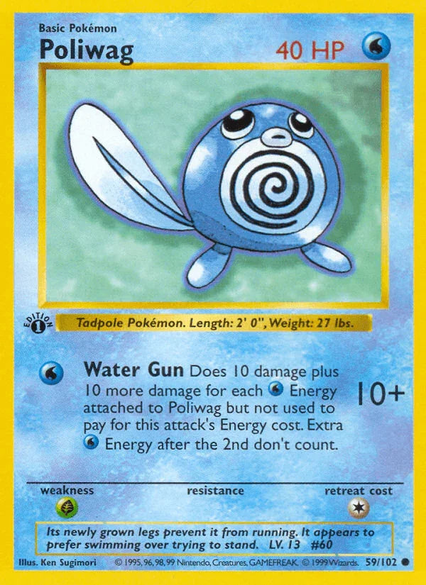 1st Edition Normal, 59, Base Set 1st Edition, Common, Grass[×2], Water Poliwag (59/102) (Shadowless) [Base Set 1st Edition] - Trading Card World