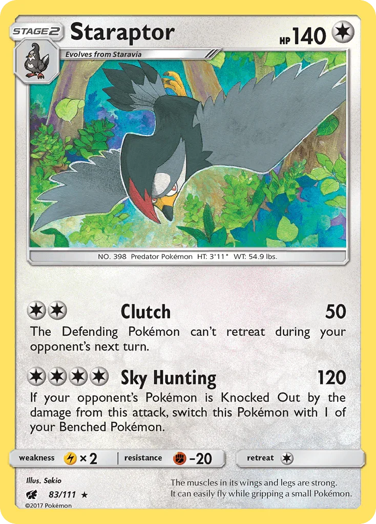 83, Colorless, Fighting[-20], Lightning[×2], Normal, Rare, Reverse Holofoil, Sun & Moon: Crimson Invasion Staraptor (83/111) [Sun & Moon: Crimson Invasion] - Trading Card World