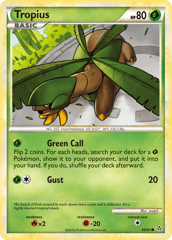 66, Common, Fighting[-20], Fire[×2], Grass, HeartGold & SoulSilver: Unleashed, Normal, Reverse Holofoil Tropius (66/95) [HeartGold & SoulSilver: Unleashed] - Trading Card World