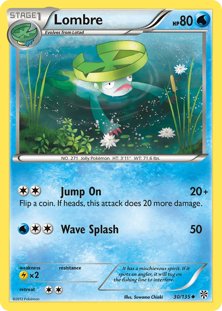 30, Black & White: Plasma Storm, Lightning[×2], Normal, Reverse Holofoil, Uncommon, Water Lombre (30/135) [Black & White: Plasma Storm] - Trading Card World