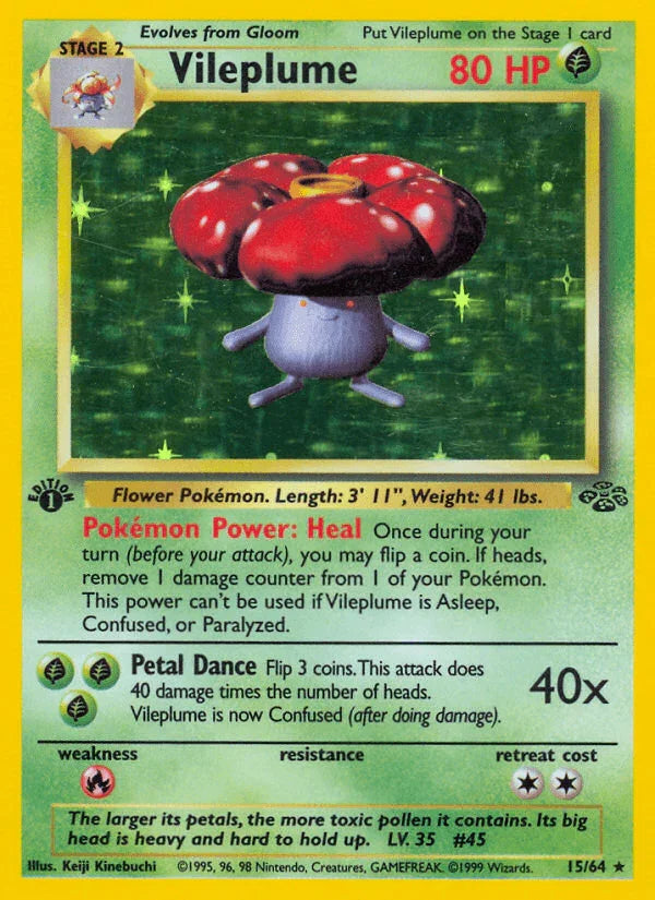 15, 1st Edition Holofoil, Fire[×2], Grass, Holo Rare, Jungle 1st Edition Vileplume (15/64) [Jungle 1st Edition] - Trading Card World