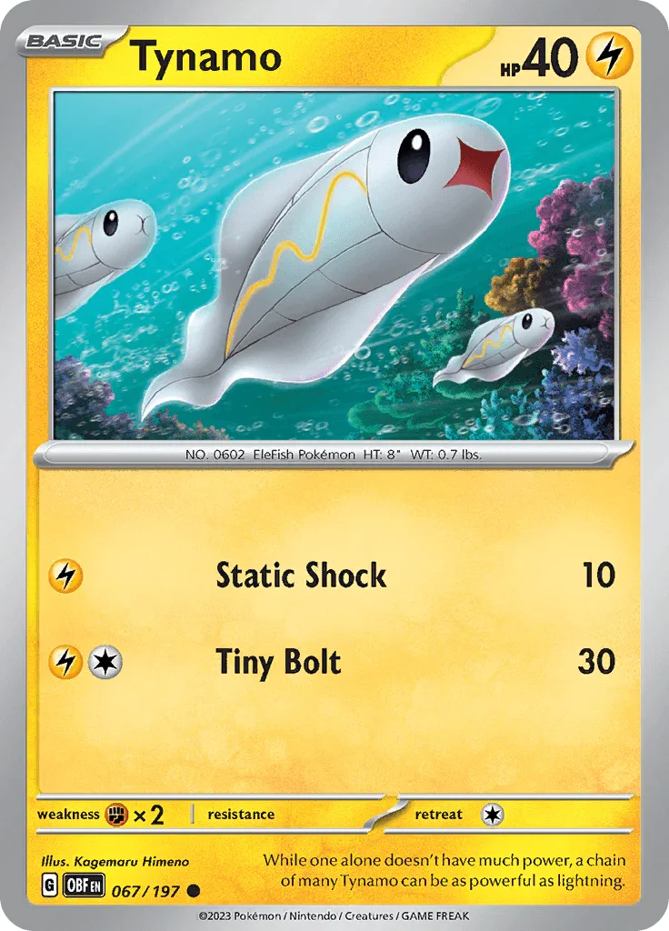 067, Common, Fighting [x2], Lightning, Normal, Reverse Holofoil, Scarlet & Violet: Obsidian Flames Tynamo (067/197) [Scarlet & Violet: Obsidian Flames] - Trading Card World