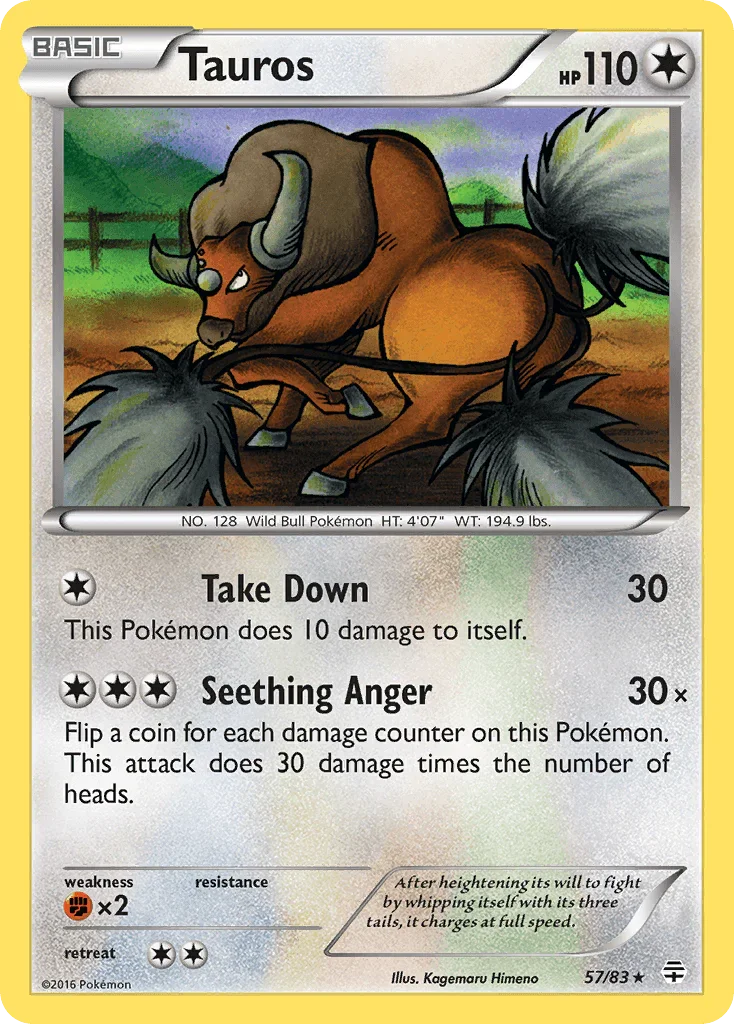 57, Colorless, Fighting[×2], Normal, Rare, Reverse Holofoil, XY: Generations Tauros (57/83) [XY: Generations] - Trading Card World