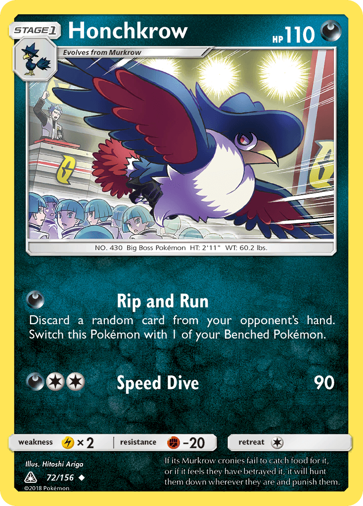 72, Darkness, Fighting[-20], Lightning[×2], Normal, Reverse Holofoil, Sun & Moon: Ultra Prism, Uncommon Honchkrow (72/156) [Sun & Moon: Ultra Prism] - Trading Card World