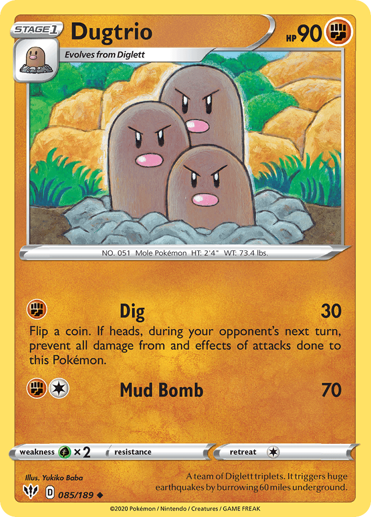 085, Fighting, Grass[×2], Normal, Reverse Holofoil, Sword & Shield: Darkness Ablaze, Uncommon Dugtrio (085/189) [Sword & Shield: Darkness Ablaze] - Trading Card World
