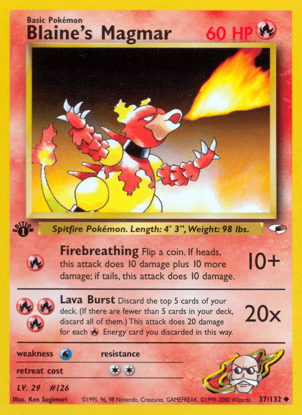 1st Edition Normal, 37, Fire, Gym Heroes 1st Edition, Uncommon, Water[×2] Blaine's Magmar (37/132) [Gym Heroes 1st Edition] - Trading Card World