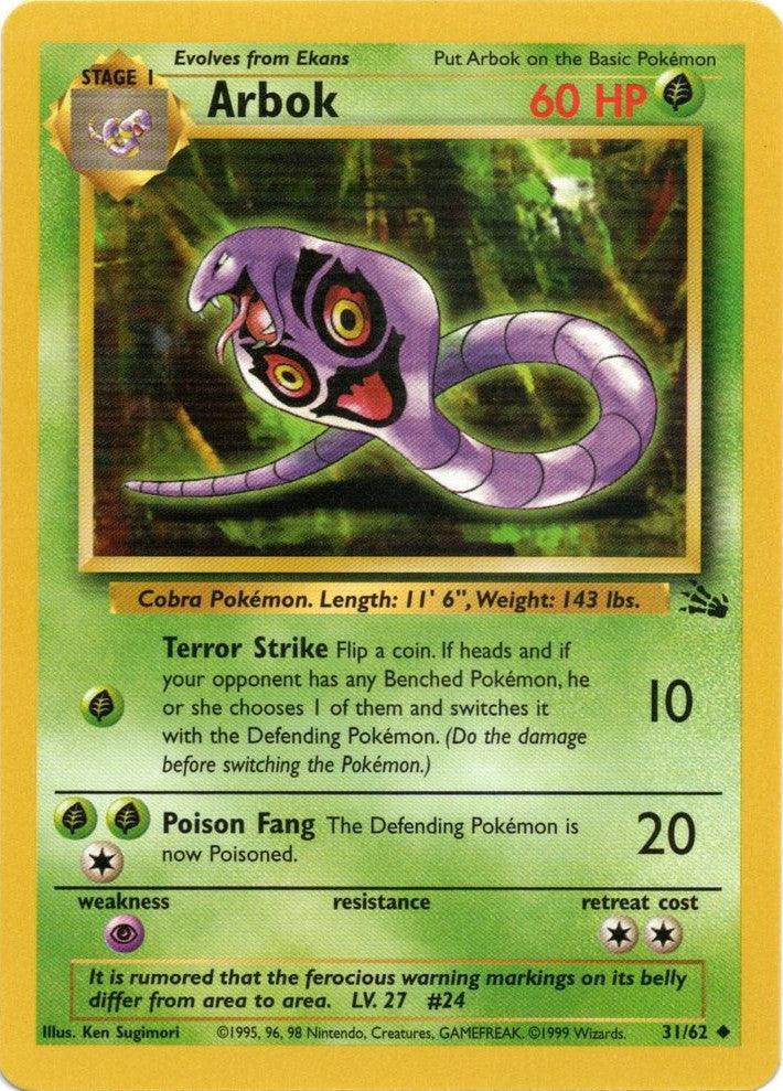 31, Fossil Unlimited, Grass, Normal, Psychic[×2], Uncommon Arbok (31/62) [Fossil Unlimited] - Trading Card World