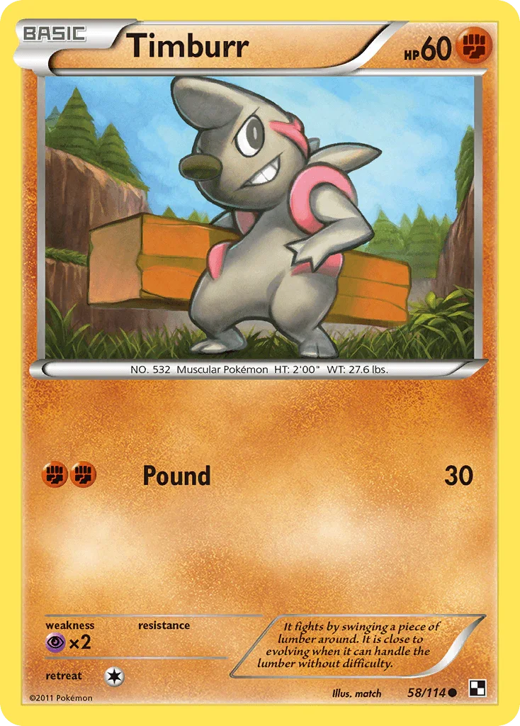 58, Black & White: Base Set, Common, Fighting, Normal, Psychic[×2], Reverse Holofoil Timburr (58/114) [Black & White: Base Set] - Trading Card World