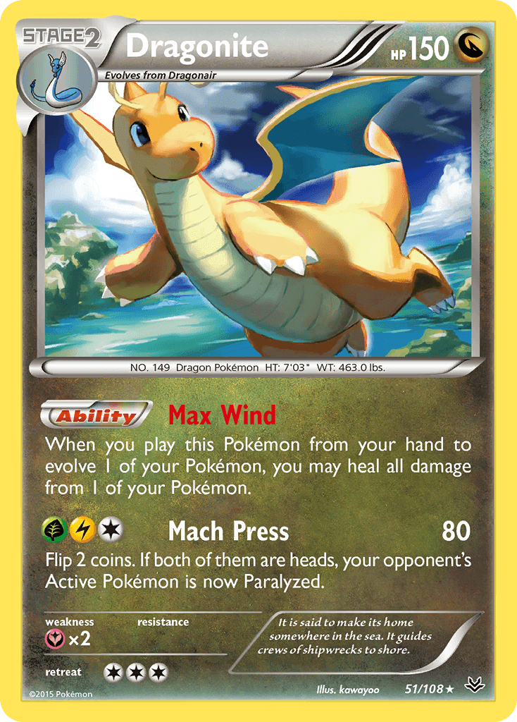 51, Dragon, Fairy[×2], Normal, Rare, Reverse Holofoil, XY: Roaring Skies Dragonite (51/108) [XY: Roaring Skies] - Trading Card World