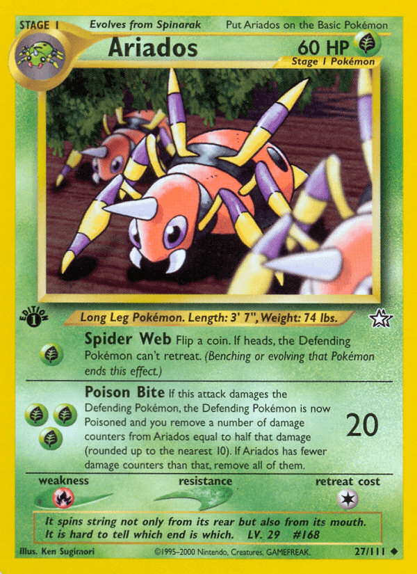 1st Edition Normal, 27, Fire[×2], Grass, Neo Genesis 1st Edition, Uncommon Ariados (27/111) [Neo Genesis 1st Edition] - Trading Card World