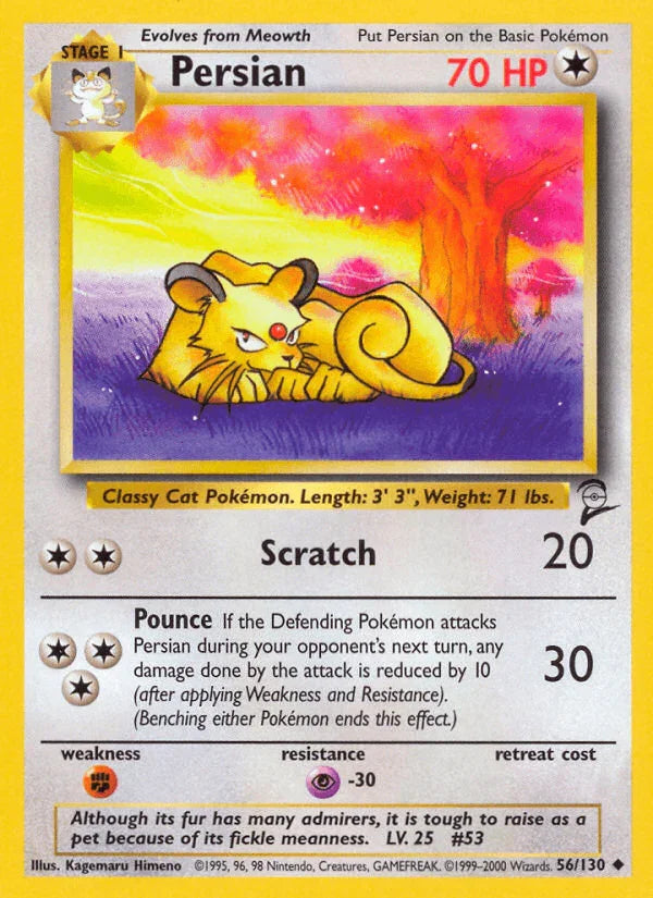 56, Base Set 2, Colorless, Fighting[×2], Normal, Psychic[-30], Uncommon Persian (56/130) [Base Set 2] - Trading Card World
