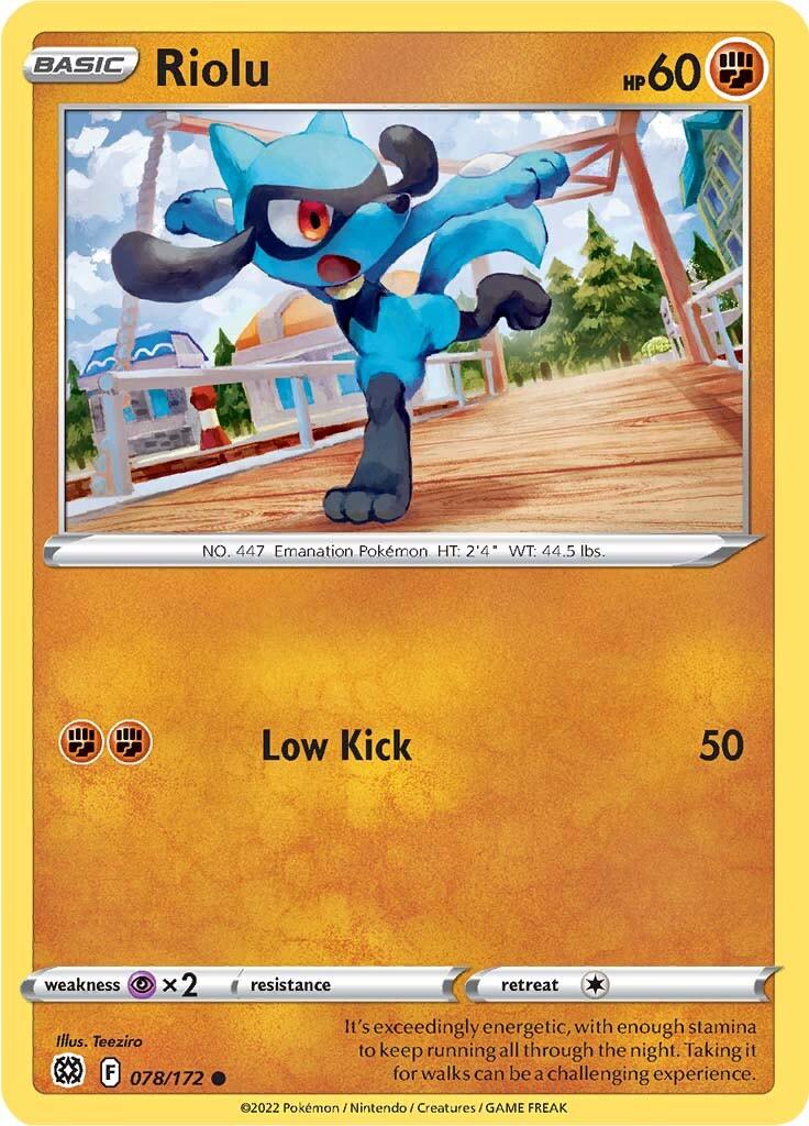 078, Common, Fighting, Normal, Psychic [x2], Reverse Holofoil, Sword & Shield: Brilliant Stars Riolu (078/172) [Sword & Shield: Brilliant Stars] - Trading Card World
