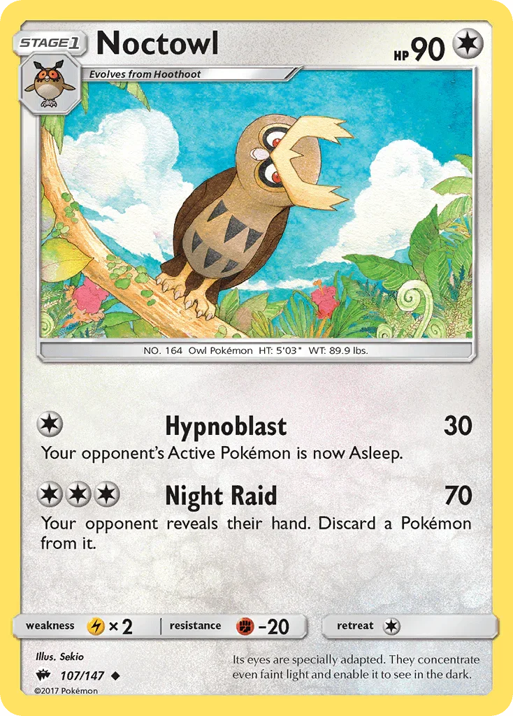 Colorless, Fighting[-20], Lightning[×2], Normal, Reverse Holofoil, Sun & Moon: Burning Shadows, Uncommon Noctowl (107/147) [Sun & Moon: Burning Shadows] - Trading Card World