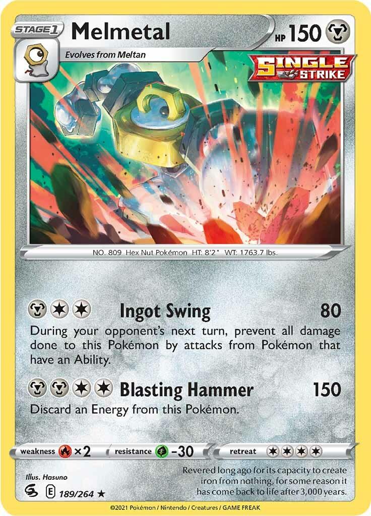 189, Fire [x2], Grass [-30], Holo Rare, Holofoil, Metal, Reverse Holofoil, Sword & Shield: Fusion Strike Melmetal (189/264) [Sword & Shield: Fusion Strike] - Trading Card World