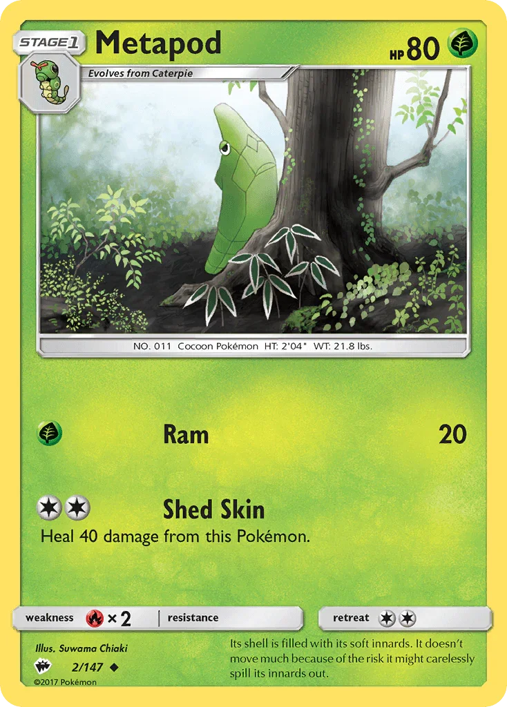Fire[×2], Grass, Normal, Reverse Holofoil, Sun & Moon: Burning Shadows, Uncommon Metapod (2/147) [Sun & Moon: Burning Shadows] - Trading Card World