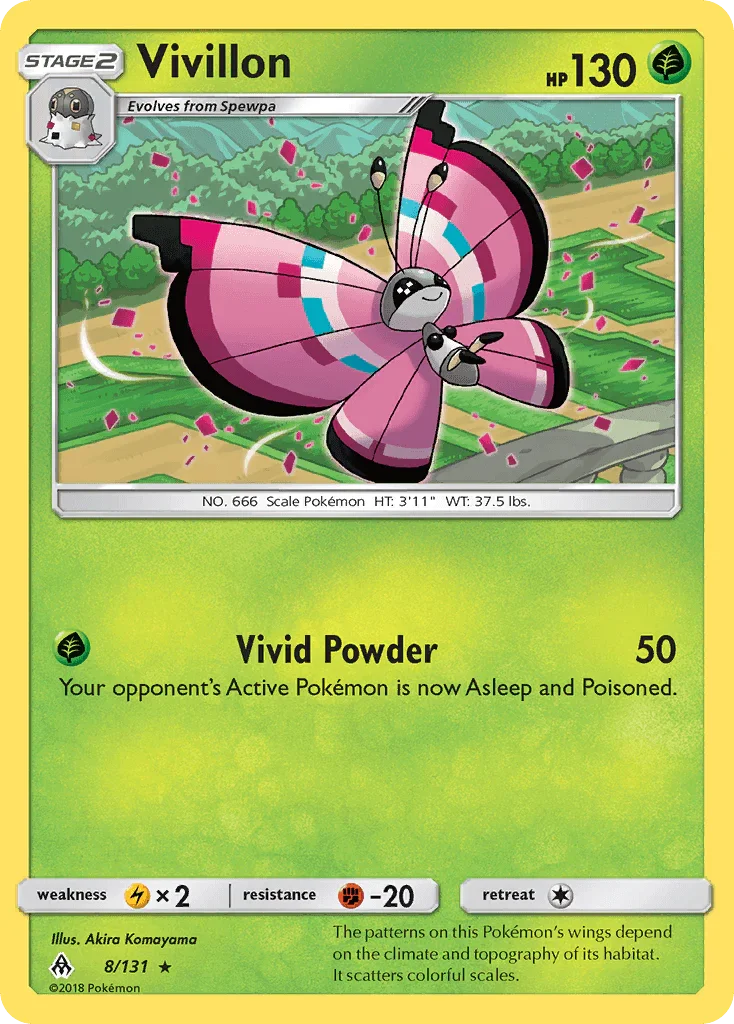 Fighting[-20], Grass, Lightning[×2], Normal, Rare, Reverse Holofoil, Sun & Moon: Forbidden Light Vivillon (8/131) [Sun & Moon: Forbidden Light] - Trading Card World
