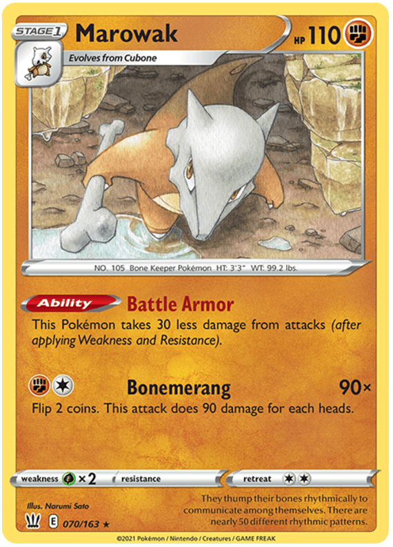 070, Fighting, Grass[x2], Normal, Rare, Reverse Holofoil, Sword & Shield: Battle Styles Marowak (070/163) [Sword & Shield: Battle Styles] - Trading Card World