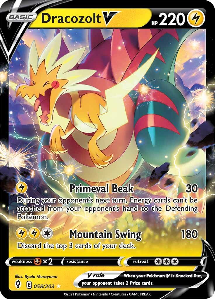 058, Fighting [x2], Holofoil, Lightning, Sword & Shield: Evolving Skies, Ultra Rare Dracozolt V (058/203) [Sword & Shield: Evolving Skies] - Trading Card World