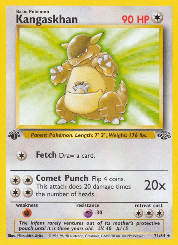 1st Edition Normal, 21, Colorless, Fighting[×2], Jungle 1st Edition, Psychic[-30], Rare Kangaskhan (21/64) [Jungle 1st Edition] - Trading Card World