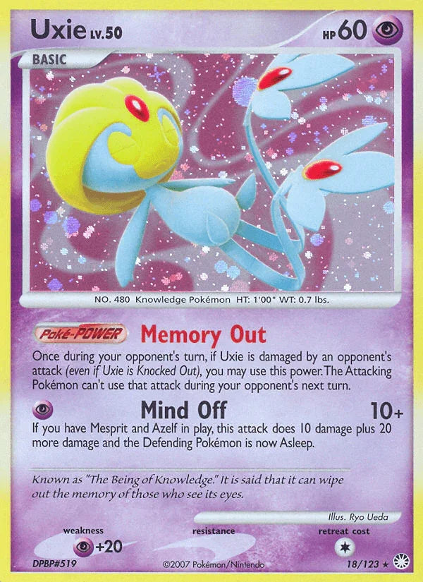 18, Diamond & Pearl: Mysterious Treasures, Holo Rare, Holofoil, Psychic, Psychic[+20], Reverse Holofoil Uxie (18/123) [Diamond & Pearl: Mysterious Treasures] - Trading Card World