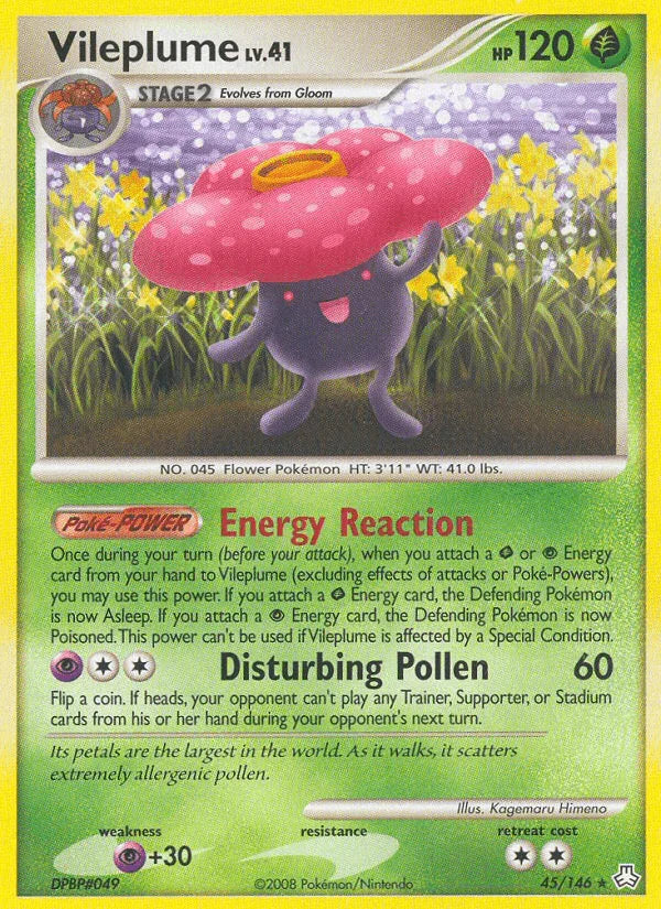 45, Diamond & Pearl: Legends Awakened, Grass, Normal, Psychic[+30], Rare, Reverse Holofoil Vileplume (45/146) [Diamond & Pearl: Legends Awakened] - Trading Card World