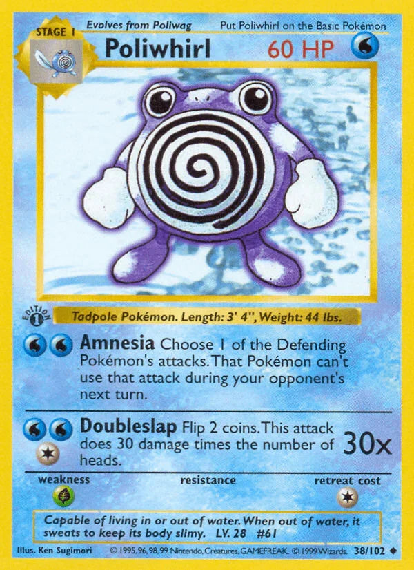 1st Edition Normal, 38, Base Set 1st Edition, Grass[×2], Uncommon, Water Poliwhirl (38/102) (Shadowless) [Base Set 1st Edition] - Trading Card World