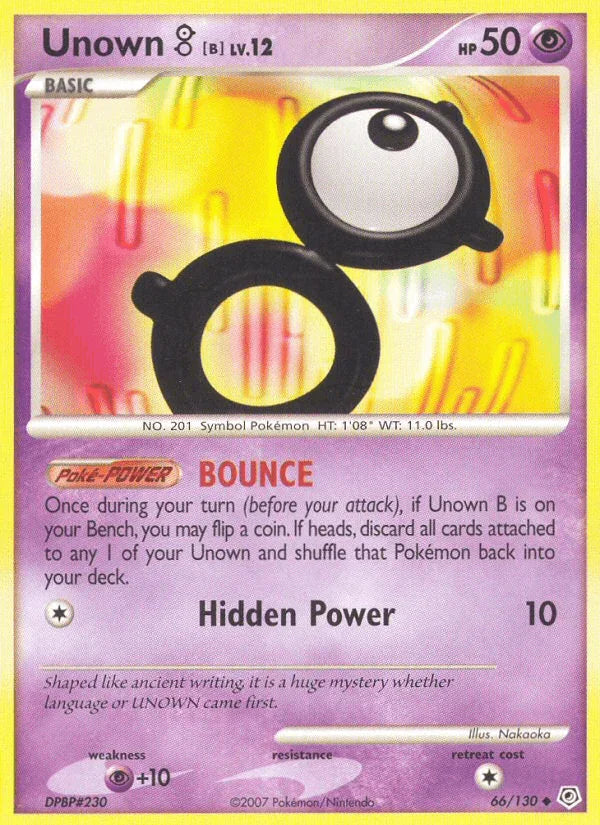 66, Diamond & Pearl: Base Set, Normal, Psychic, Psychic[+10], Reverse Holofoil, Uncommon Unown B (66/130) [Diamond & Pearl: Base Set] - Trading Card World