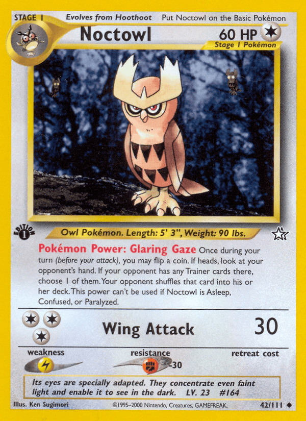 1st Edition Normal, 42, Colorless, Fighting[-30], Lightning[×2], Neo Genesis 1st Edition, Uncommon Noctowl (42/111) [Neo Genesis 1st Edition] - Trading Card World