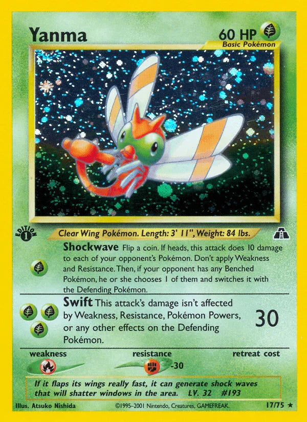 17, 1st Edition Holofoil, Fighting[-30], Fire[×2], Grass, Holo Rare, Neo Discovery 1st Edition Yanma (17/75) [Neo Discovery 1st Edition] - Trading Card World